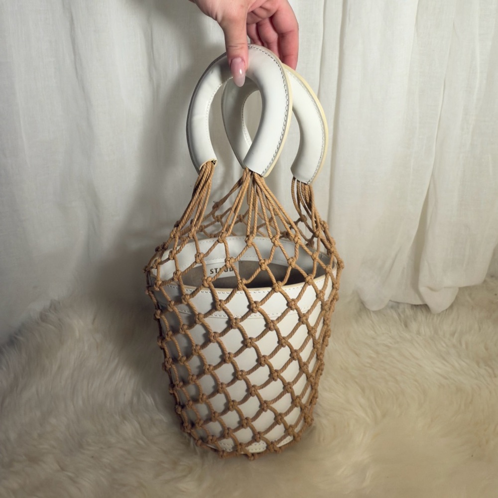 Staud White Moreau Macrame Top Handle Bucket Bag with woven tan macrame overlay